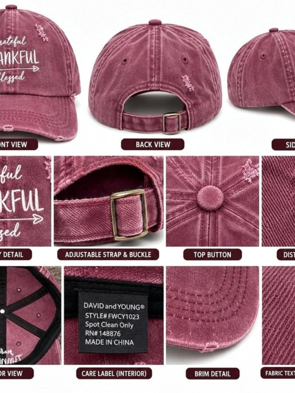 David and Young Women’s Burgundy Distressed Thankful Blessed Baseball Cap Hat